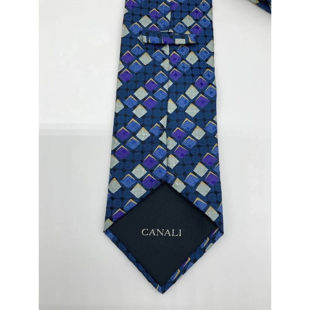 Canali Italy Men's Blue Purple Silver Geometric 100% Silk Neck Tie‎